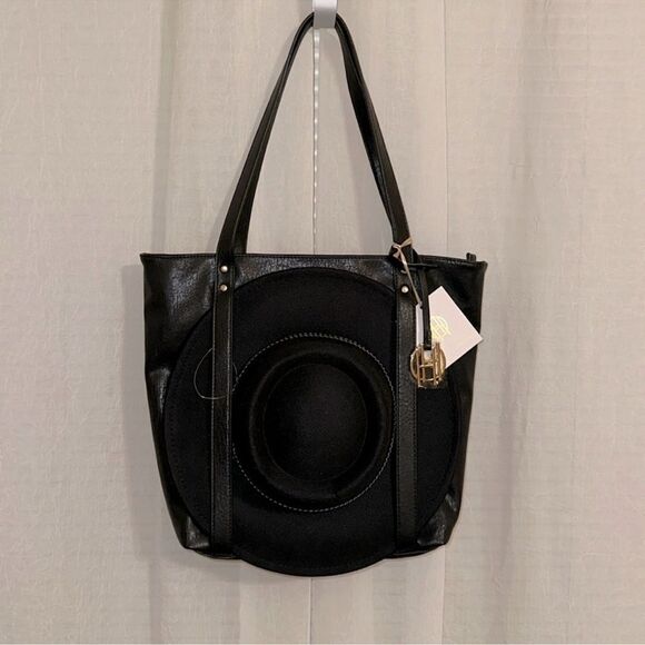 HOH Black 6181 Pleather Tote Bag and Black Fedora Hat Gift Set - Picture 1 of 16